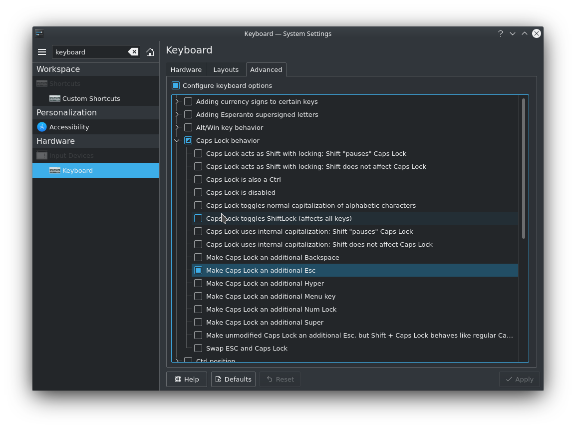 KDE Caps Lock Jako ESC MOHDUR